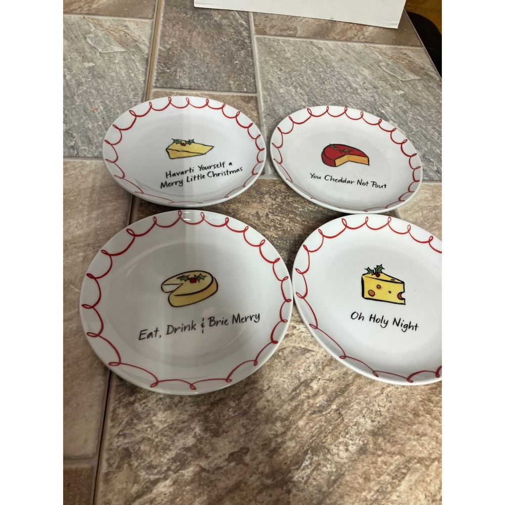 Boston Warehouse Jill Seale Whimsy Collection Christmas Cheese Pun Plates Set 4